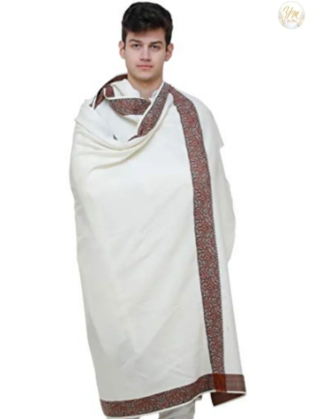 Men's Pure Wool Shawl with Woven Border - Winter Scarf Wrap